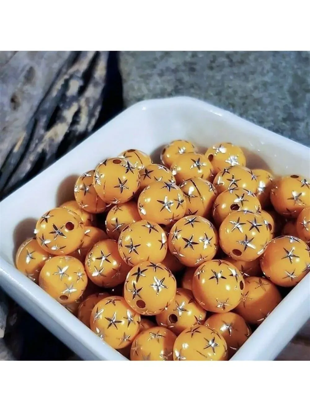 10 Vintage Retro Orange Silver Stars 12mm Round Acrylic Shabby Chic Beads